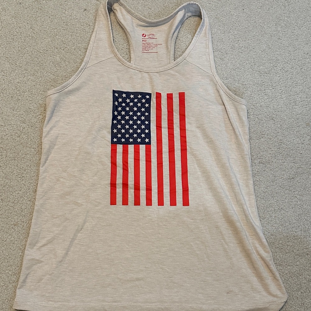 Oiselle sz M Cream Tank Top with Flag Design